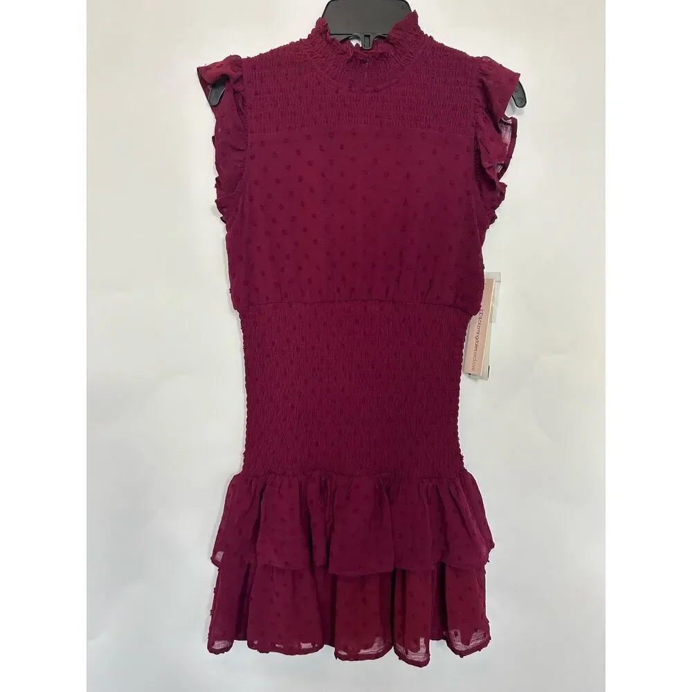 Aqua Girls Swiss Dot Smocked Dress Color: Wine Size L 10/12